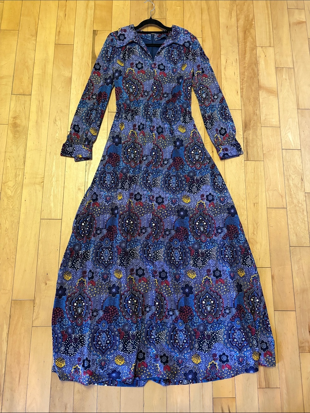 1960’s/70’s Handmade Psychedelic Floral Paisley Maxi Dress • Elastic Waist & Tie - Picture 6 of 10